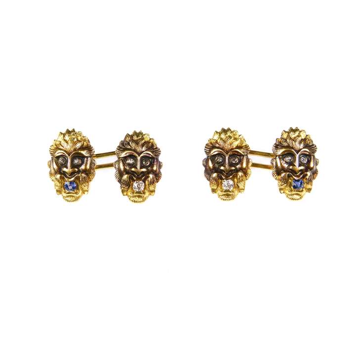Pair of antique 14ct gold, diamond and sapphire mask cufflinks